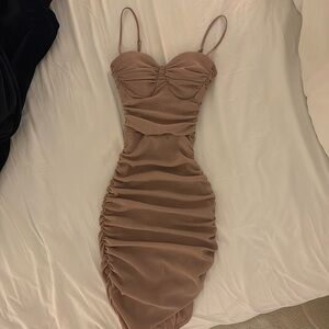 Glitter Ruched Midi Dress in Mauve Pink